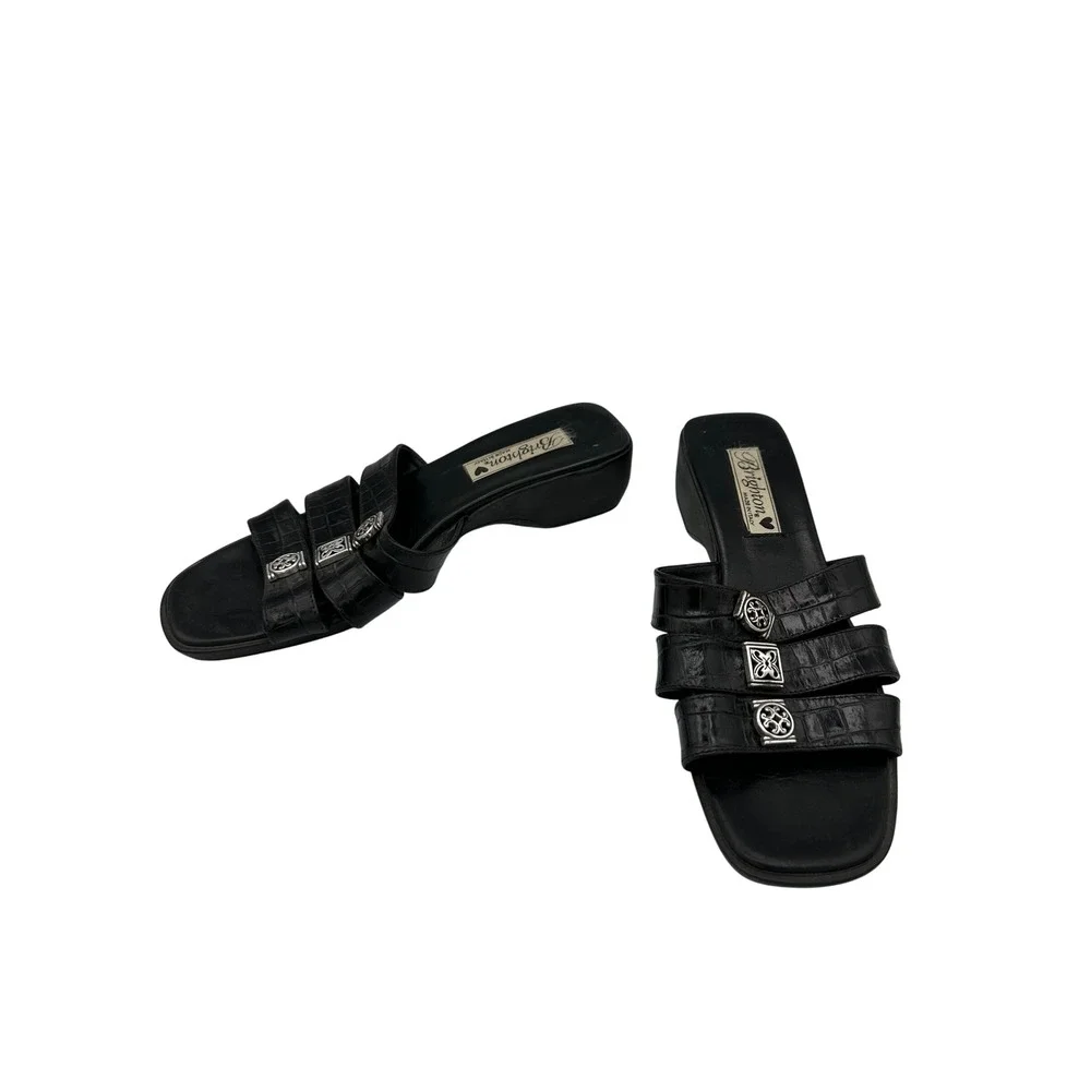Brighton Sandals Size 8.5M Black Leather Crocodile Embossed Silver Accents Italy